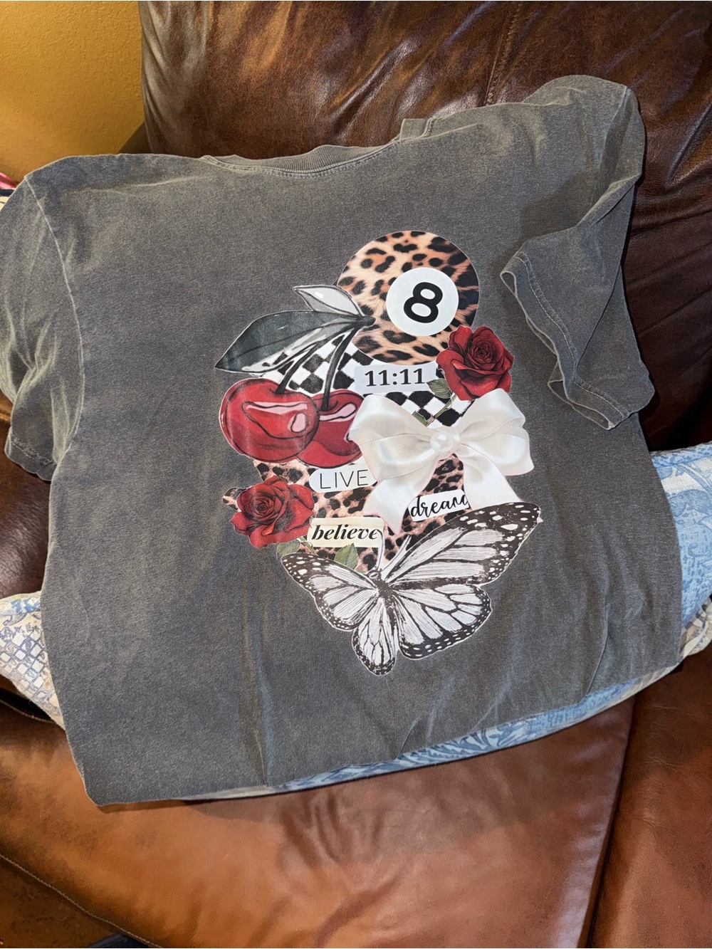 Comfort Colors Gray Graphic Tee with Butterfly, Cherries & Roses